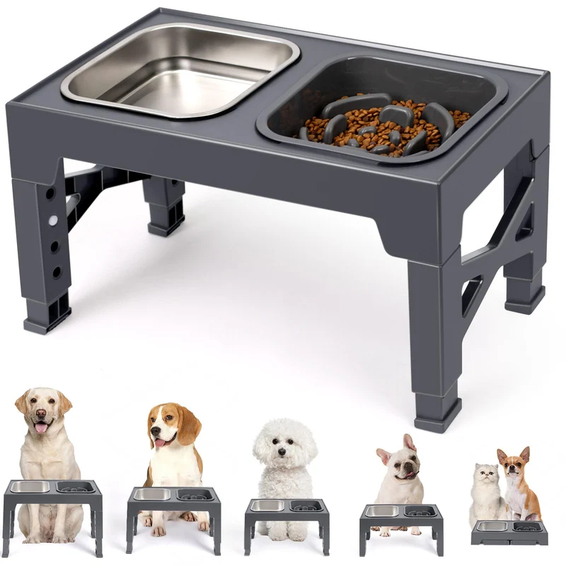 Niubya Gamelles Élevées pour Chien – Bol Inox, Distributeur Lent, 5 Hauteurs Ajustables (8–31 cm)