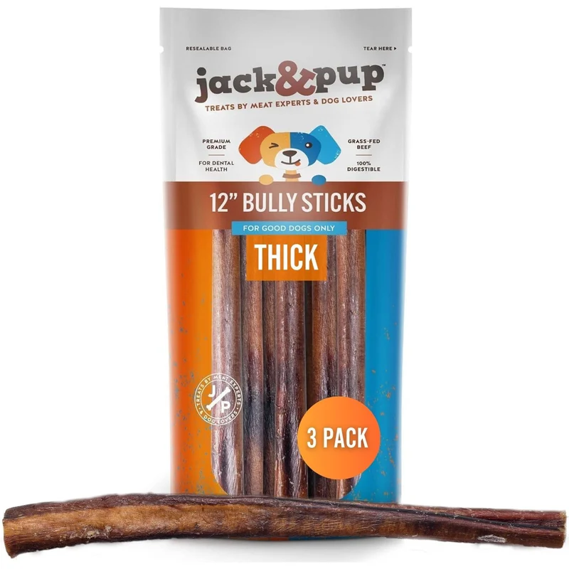 Jack&Pup Bâtonnets Bully Épais 12 pouces – Grands Chiens, Lot de 3, Sans Odeur