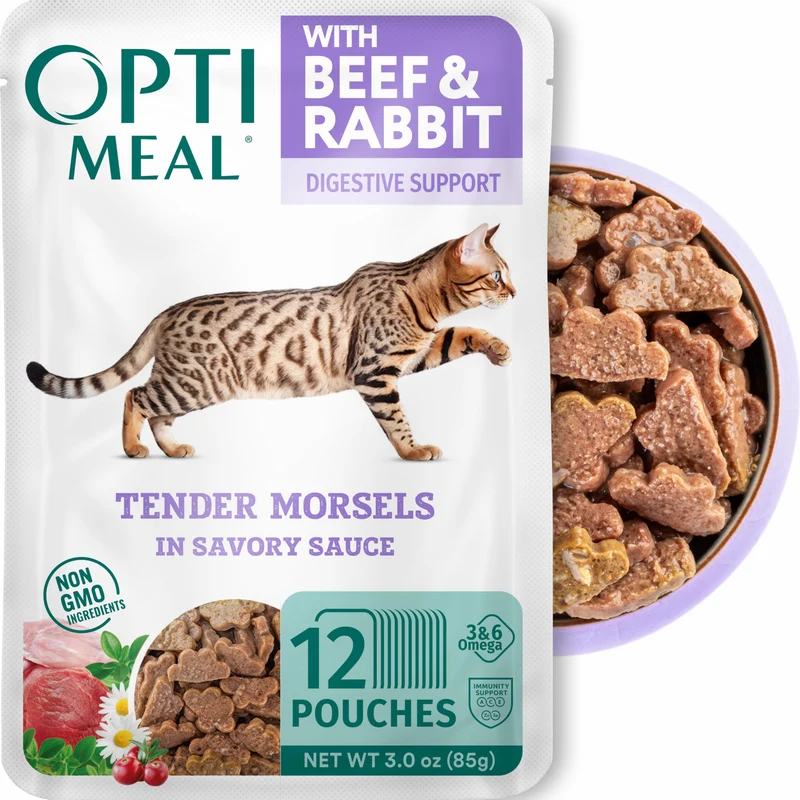 Optimeal – Pâtés Humides Sans Céréales pour Chats, Bœuf & Lapin en Sauce Savoureuse, 12 Sachets de 85 g