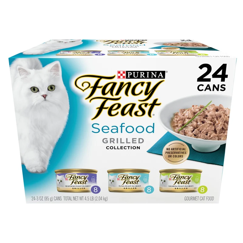 Purina Fancy Feast – Collection Grillée pour Chat, Pâtée Humide Fruits de Mer – Ensemble de 24 Boîtes de 3 oz (environ 85 g)