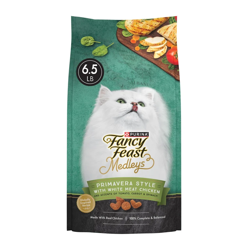 Fancy Feast Medleys Primavera Style – Poulet Blanc et Accents de Tomate, Carotte et Épinards – Sac de 6,5 lb