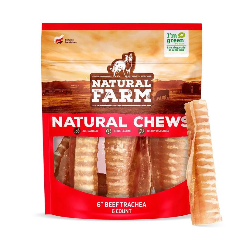 Natural Farm Trachee de Boeuf pour Chiens – 6 Pouces, Pack de 6 | Croquant Faible Gras et Mobilité