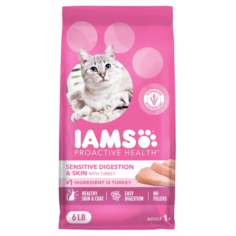 IAMS Proactive Health Digestion et Peau – Croquettes sèches pour chat adulte à la dinde réelle, sac 2,7 kg