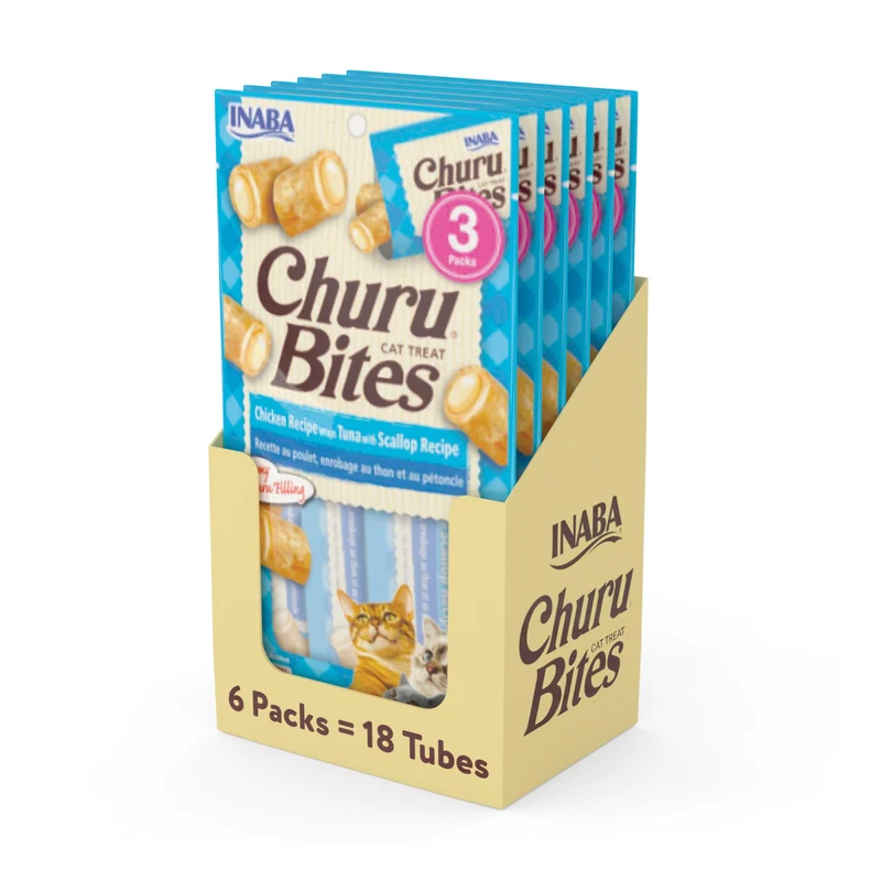 INABA Churu Bites pour Chats – Saveur Thon et Coquilles Saint-Jacques, Bouchées en Tube (18 tubes, 3 tubes par paquet)