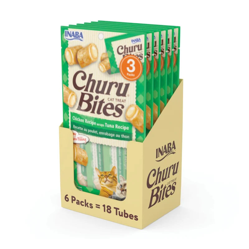 INABA Churu Bites pour Chats – Bouchées moelleuses poulet et thon, tubes pré-portionnés de 10 g, 18 tubes – Saveur Thon