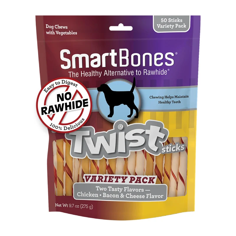 SmartBones Twist Sticks Variété – Pack 50 Pièces Sans Cuir (Poulet & Bacon Fromage)