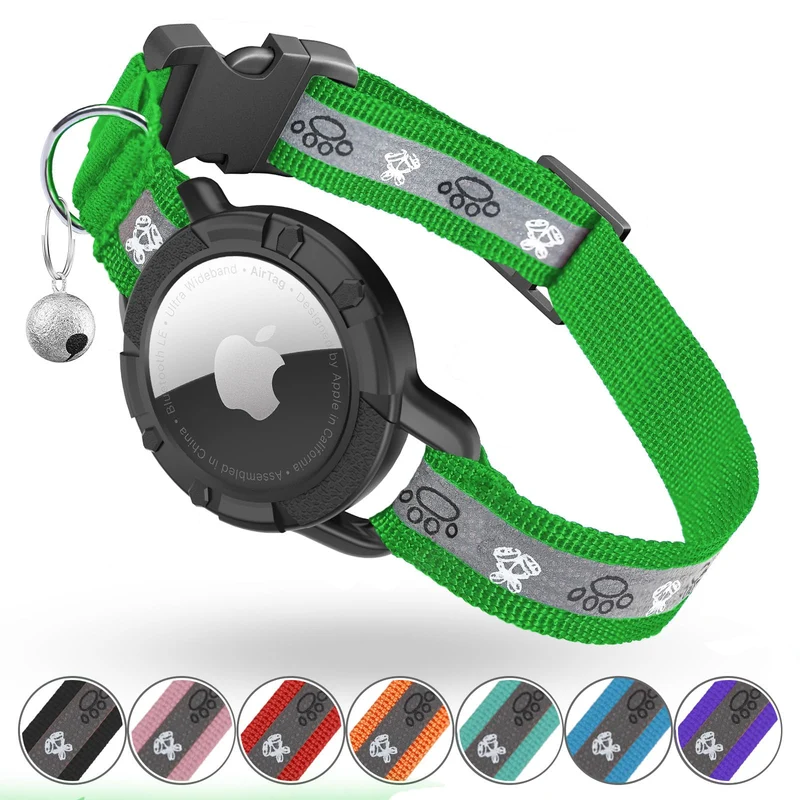 Collier Odokele AirTag pour Chat – Collier Réfléchissant avec Porte AirTag Intégré et Cloche (Emerald, S)