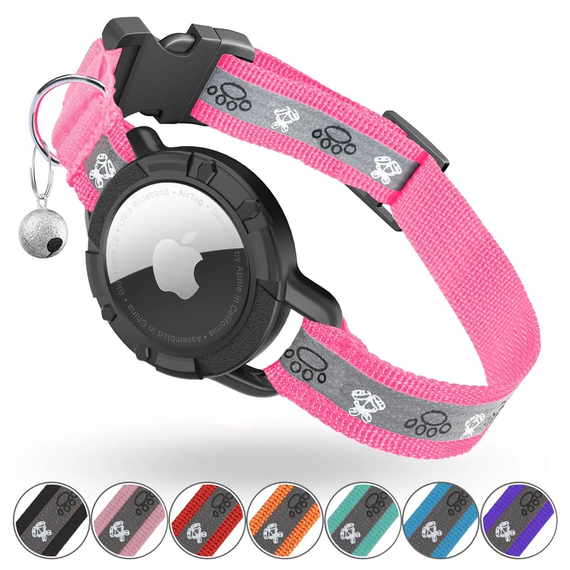 Odokele Collier AirTag Intégré – Collier GPS pour Chats et Chiots, Réfléchissant, Élastique, Cloche Hotpink (S)