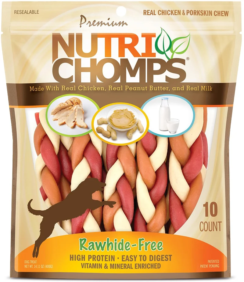 NutriChomps Friandises pour Chiens – Tresses 6 pouces Sans Cuir Brut, Digestibles, Saveurs Poulet, Cacahuète et Lait (10 unités)