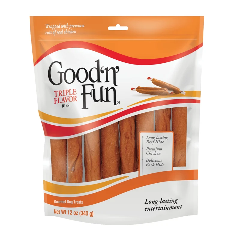 Good ‘n’ Fun Friandises Triple Saveurs pour Chiens – Os à mâcher 12 onces au bœuf, poulet et porc
