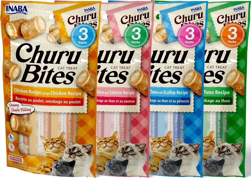 INABA Churu Bites pour Chats – Friandises Poulet, 12 Tubes, 4 Saveurs