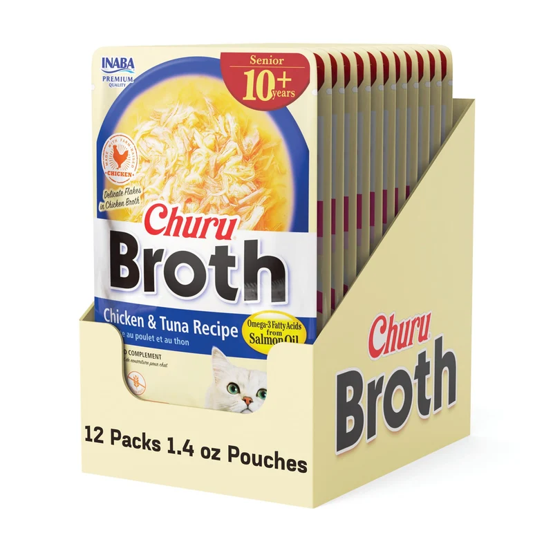 INABA Churu Broth Senior 10+ – Sachets 1,4 oz, 12 Unités, Recette Poulet et Thon
