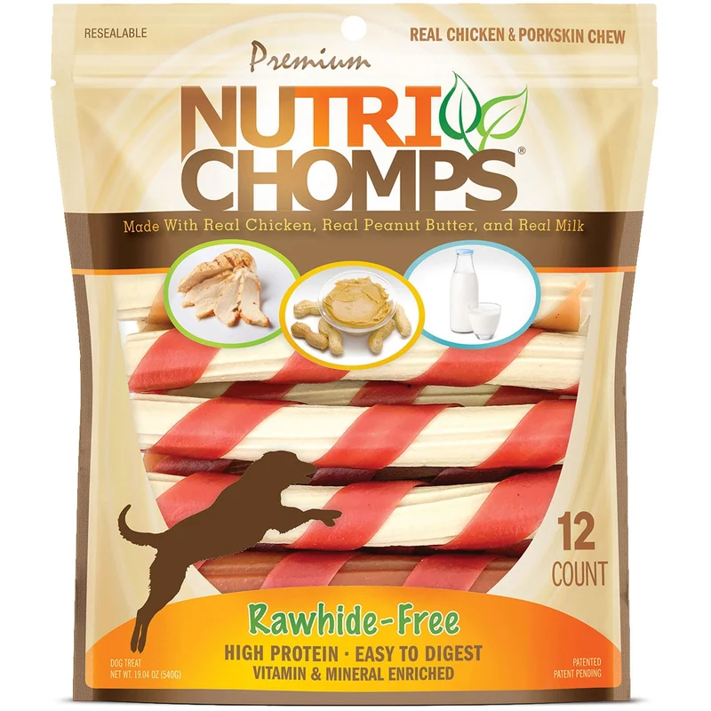 NutriChomps torsades 6 pouces – sans cuir brut, digestibles, friandises pour chien, 12 pièces, poulet réel, beurre de cacahuète et lait