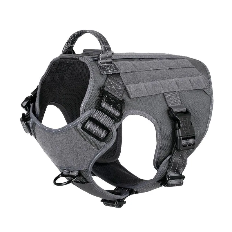 ICEFANG Harnais Chien Tactique – Taille L, 2 Boucles Métal, Poignée, MOLLE, Attache Anti-Traction Avant, Gris