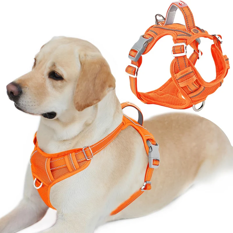 BARKBAY Harnais Sans Tirage pour Grands Chiens – Poche d’ID, Réfléctif, Orange | Taille L