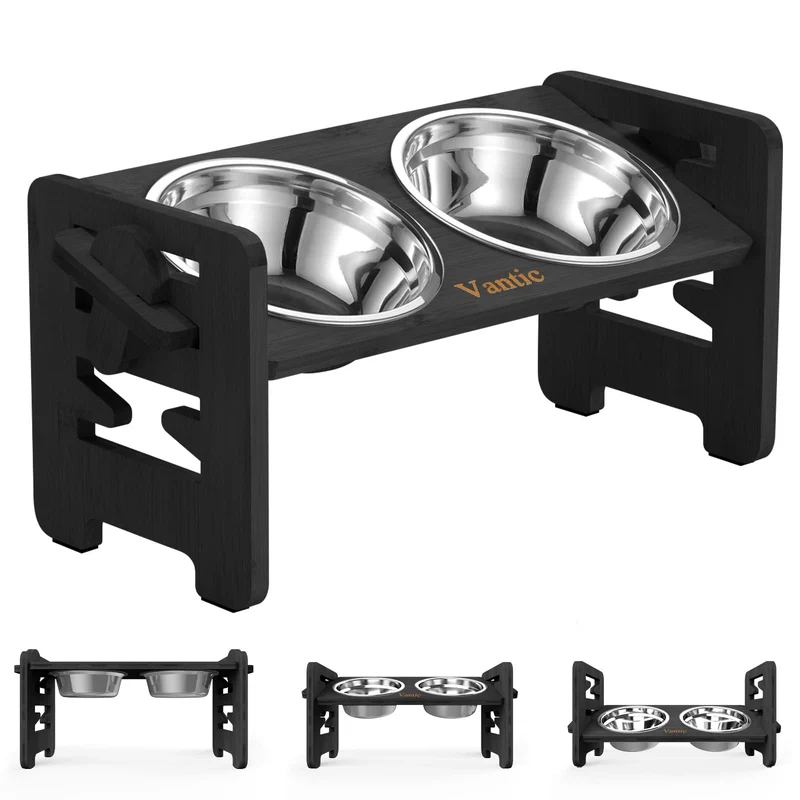 Vantic Gamelle Élevée pour Animaux – Support Réglable en Bambou avec 2 Bols Inox Noir, pour Petits Chiens et Chats