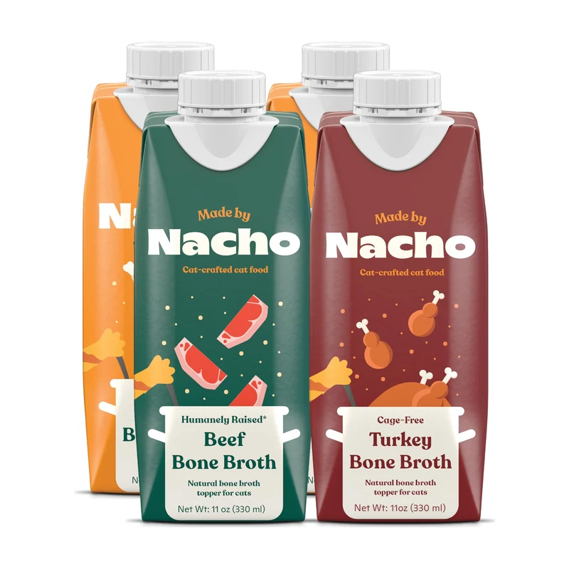 Made by Nacho Bouillon d'Os pour Chat – Hydratation et Saveur en Topper pour Croquettes – 11 oz (Pack de 4), Pack Variété