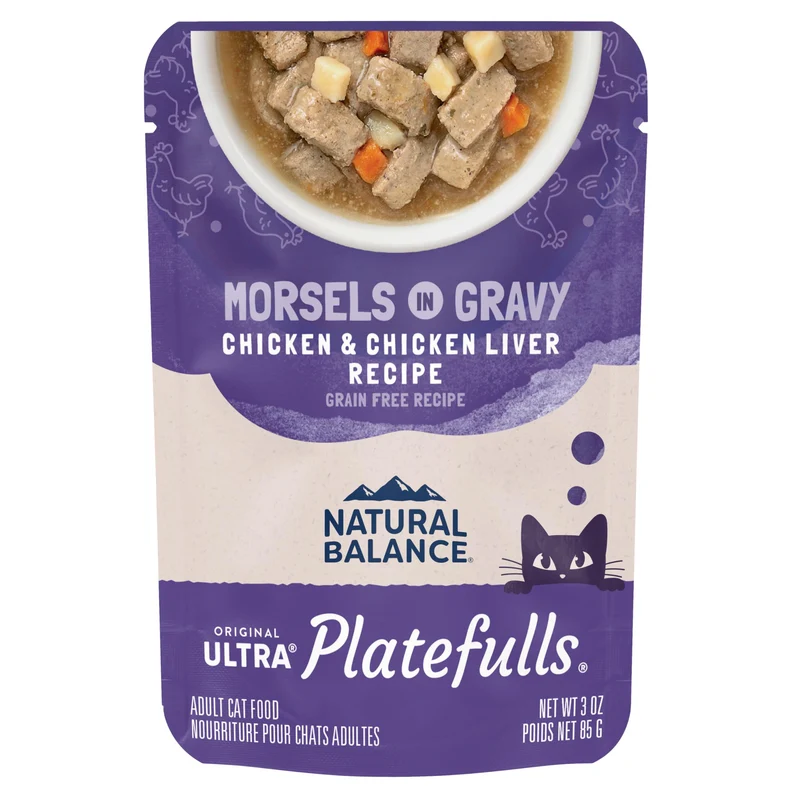 Natural Balance Platefulls Original pour Chat d’Intérieur – Poulet et Foie, Sans Céréales, Sachets 3oz (Lot de 24)