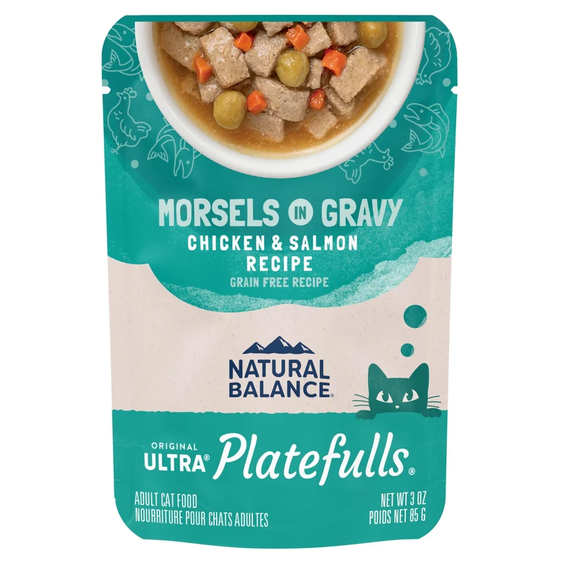 Natural Balance Original Ultra Platefulls — Pâtée humide sans céréales pour chat adulte, Poulet & Saumon, Sachets 85 g (Lot de 24)