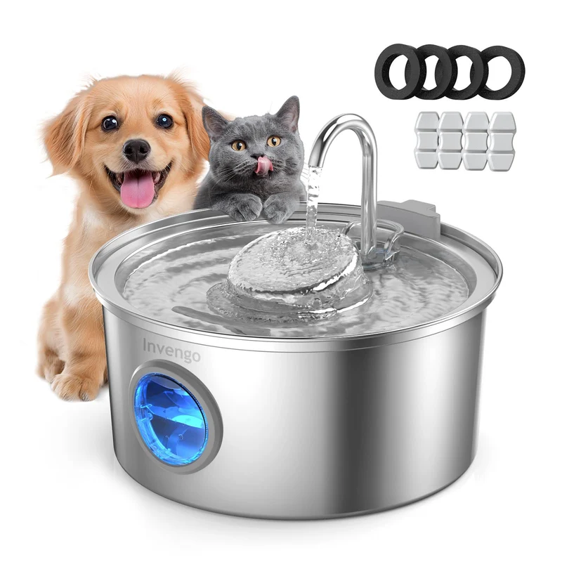 Invengo Fontaine d’eau pour chats et chiens en acier inoxydable – 3,2 L, 2 débits, filtre inclus