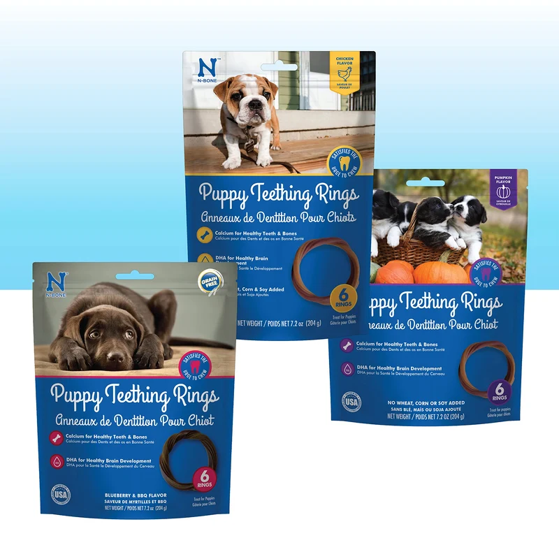 N-Bone Puppy Teething Rings – Pack Varié 3x6 anneaux pour chiots (Poulet, Citrouille & Myrtille BBQ) 21,6 oz