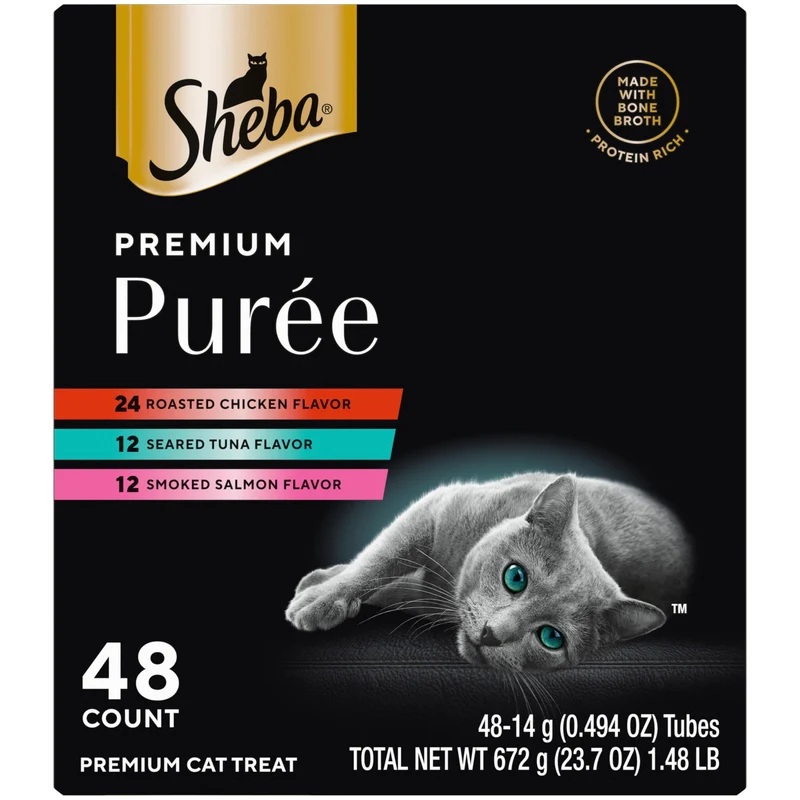Sheba Premium Purée Chat – Friandises lickables Saveurs Poulet Rôti, Saumon Fumé et Thon Sauté, 0,49 oz, 48 Tubes
