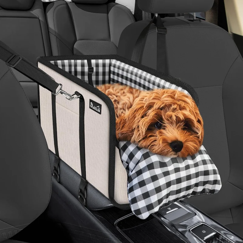 SlowTon Console Dog Seat – Siège-console portable pour petits chiens, anti-chute, coussin doux et ceinture de sécurité (Beige, jusqu’à 11 lb)