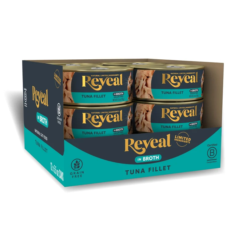 Reveal Nourriture humide naturelle pour chats – Thon en filet en bouillon, ingrédients limités et sans céréales (12 boîtes 5,5 oz)