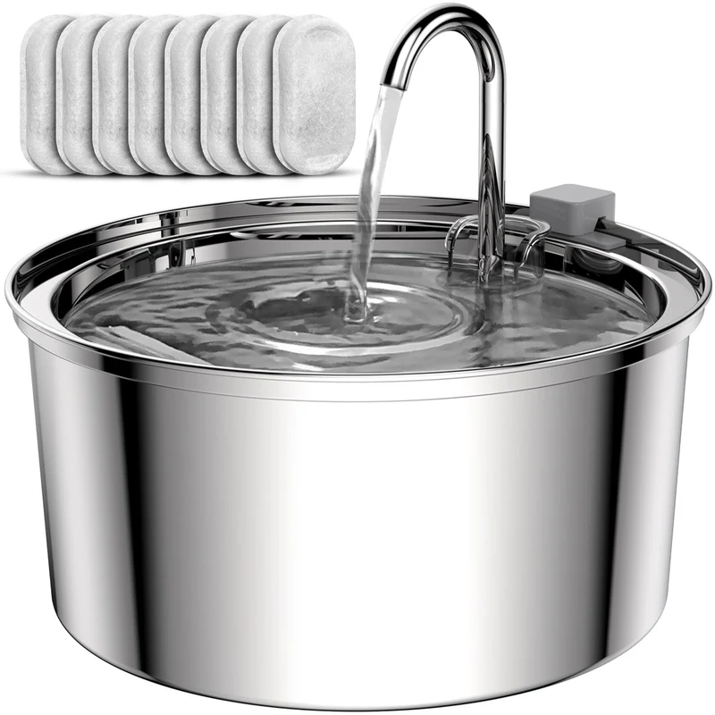 Tomxcute Fontaine d'Eau pour Chat – Acier Inox 3,2 L, Ultra Silencieuse, 8 Filtres