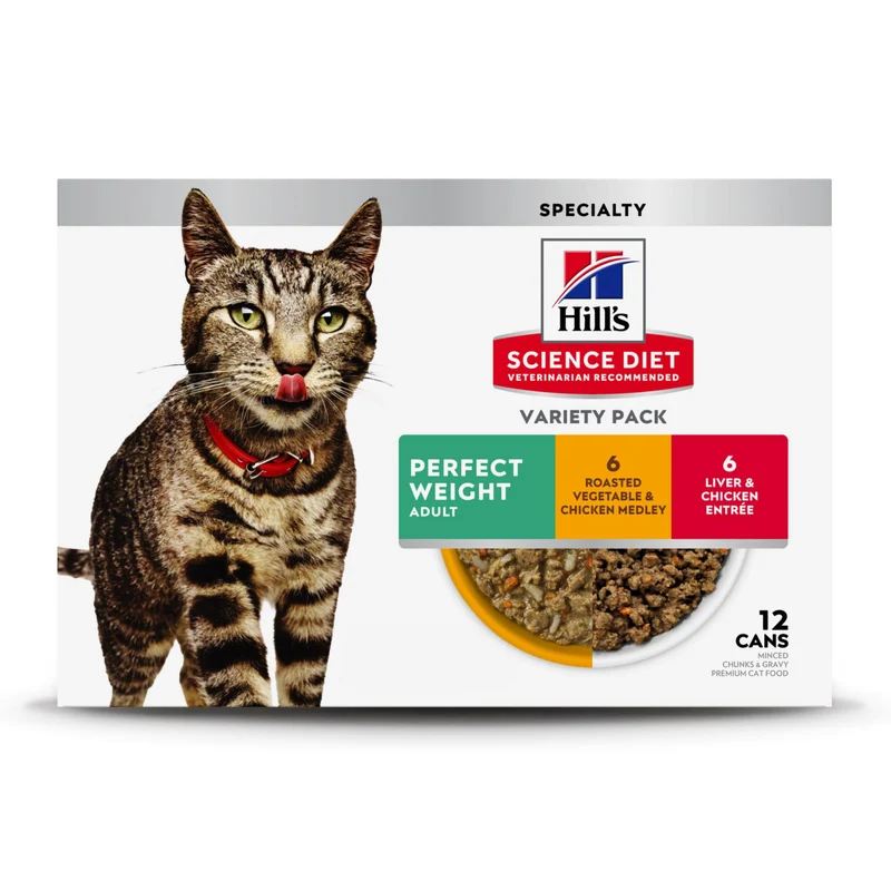 Hill's Science Diet Adult Perfect Weight – Variété en conserve pour chat, Légumes & Poulet et Foie & Poulet, 2,9 oz, Pack de 12