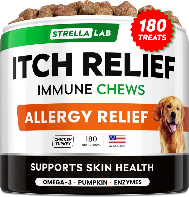 StrellaLab Gommes pour chien – Allergies et démangeaisons, Oméga-3, Citrouille & Curcuma – 180 comprimés – Fabriqué aux États-Unis