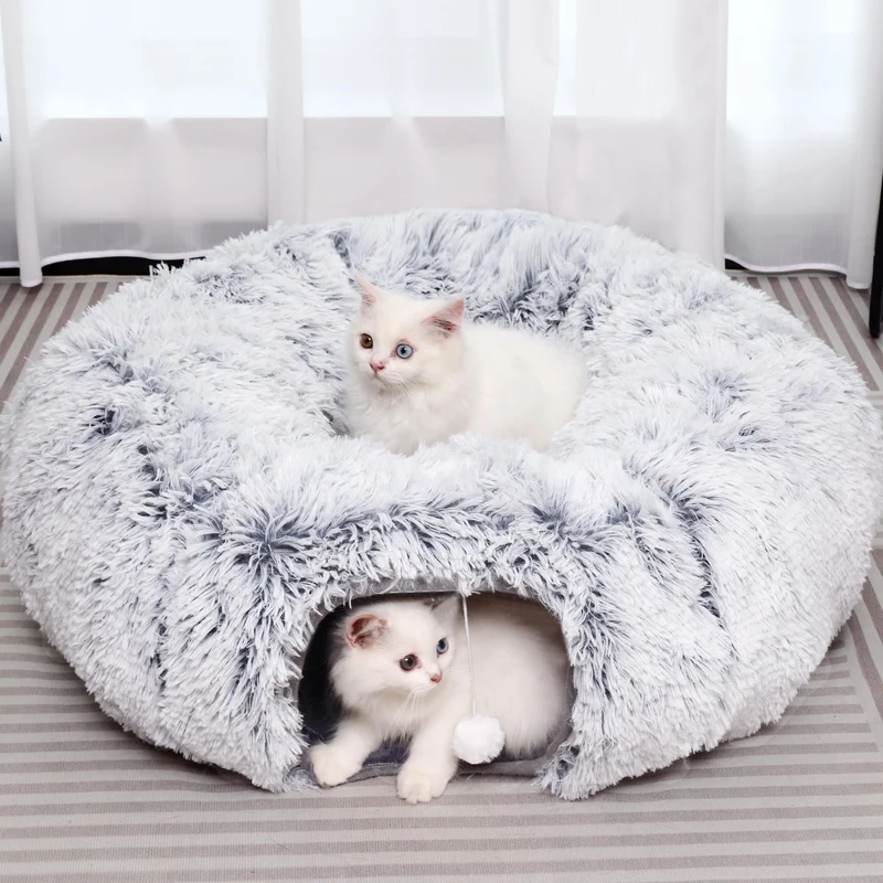 YUYAFN Tunnel-chat Plush avec Couchage — Tunnel en forme de beignet Multifonction pour Chats Intérieurs (Gris)