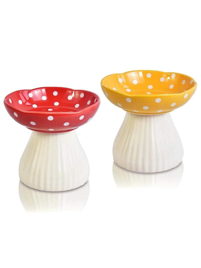 XJYYLX Bol chat surélevé champignon en céramique – Lot de 2 (rouge/jaune/noir)