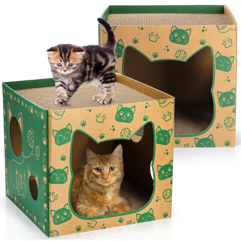 Pumtus – Pack de 2 Maisons pour Chats en Carton avec Griffouirs et Cachette