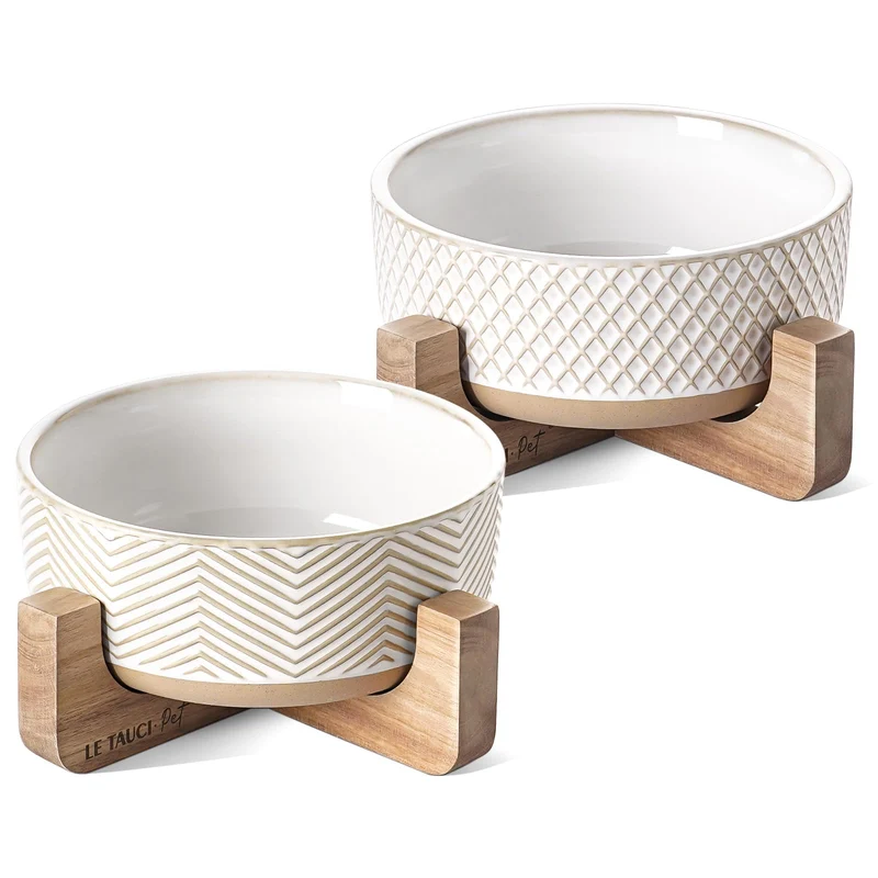 LE TAUCI PET Bols en céramique pour chien — ensemble 2 bols sur support bois, motif losange-vague