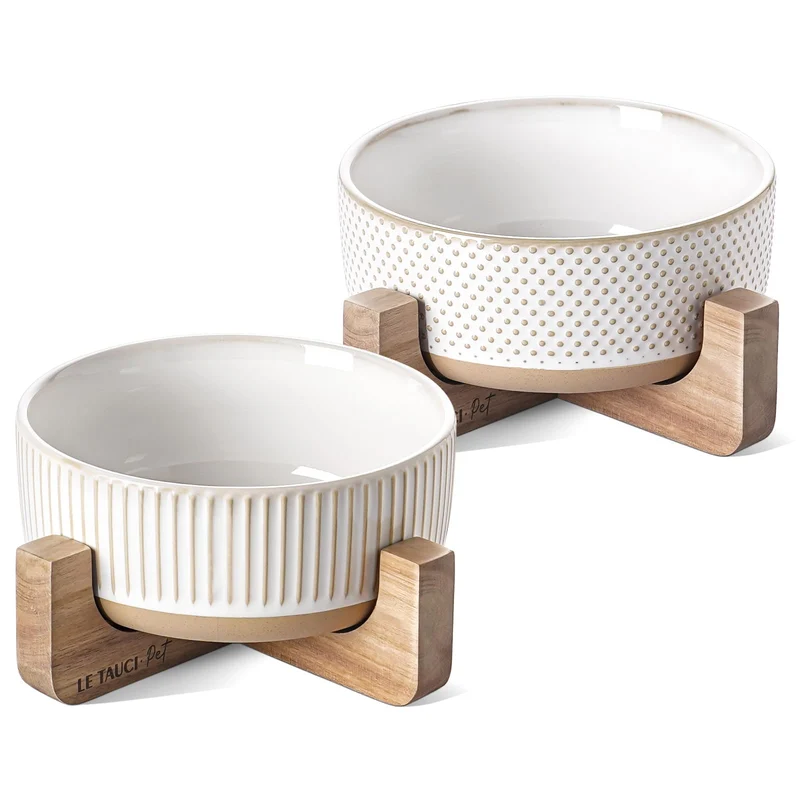 LE TAUCI PET Bol Céramique pour Chiens et Chats — Ensemble de 2 Bols avec Support Bois (4 Tasses)