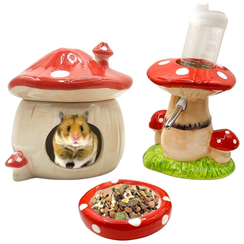 BELEATAL Cachette champignon en céramique pour hamster – Gourde sur support et gamelle (rouge)