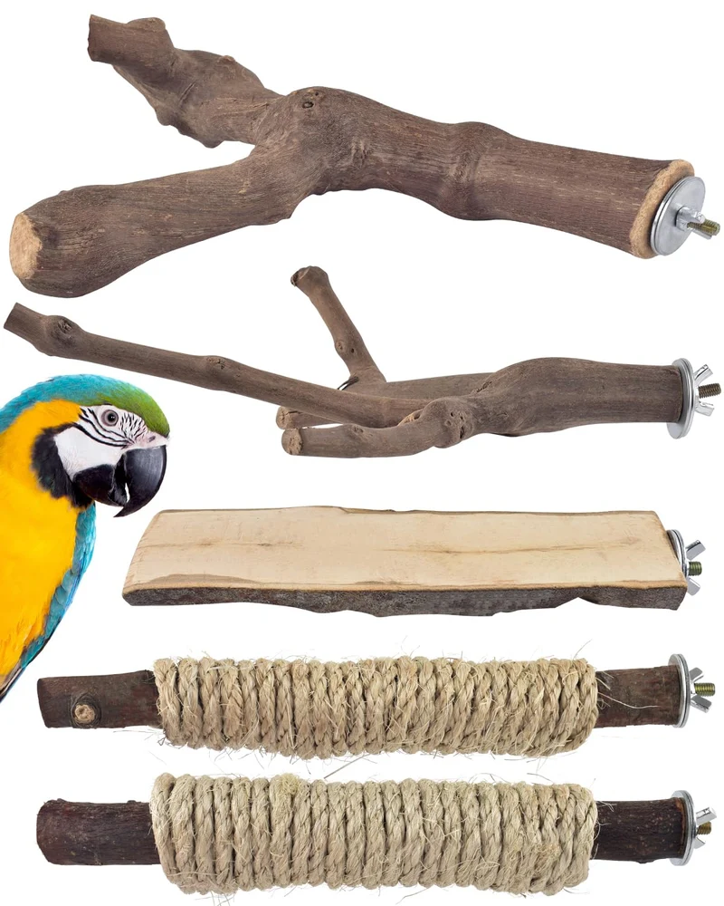 Bissap – Ensemble de 5 grandes perches en bois naturel pour cages d'oiseaux