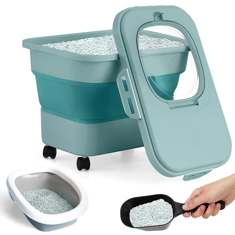 Juexica Bac de rangement pliable pour litière — Roulettes, 20 L, Couvercle étanche, Pelle, Vert