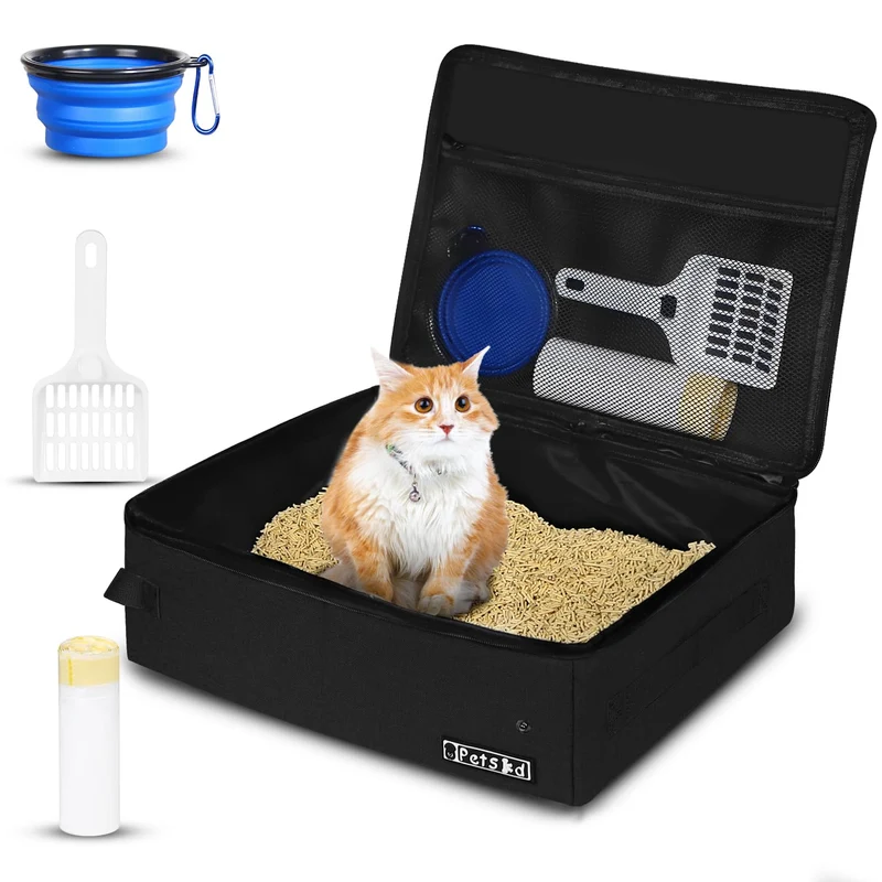 Petskd Boîte Litière Portable pour Chat avec Couvercle et Sacs Jetables – Étanche et Pliable (Noir)