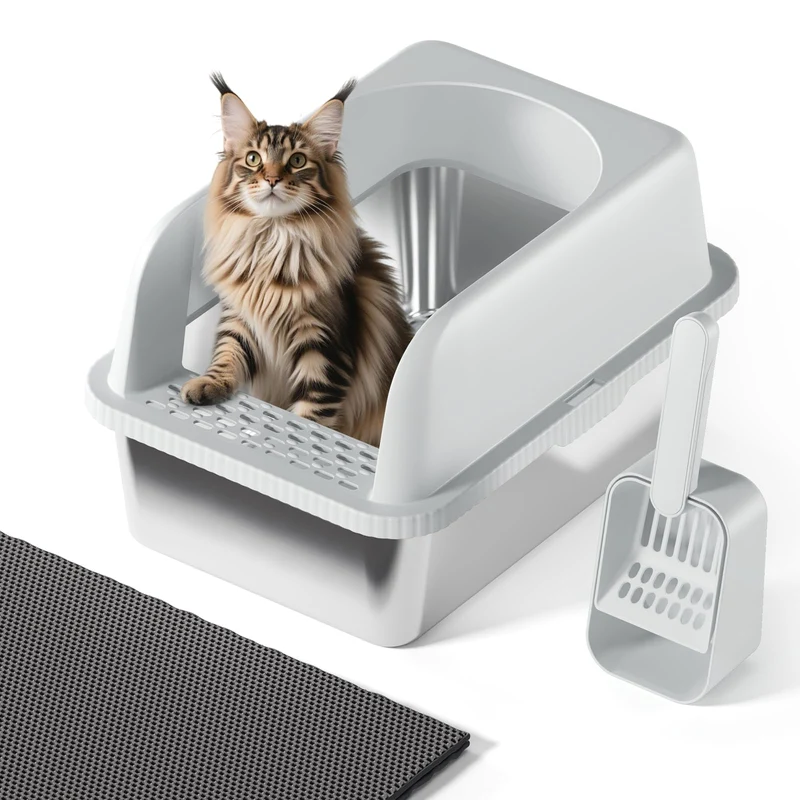 FYLICA Bac à Litière pour Chats en Acier Inoxydable avec Couvercle – 50,8 cm x 36 cm x 30 cm, Anti-Fuites et Nettoyage Facile