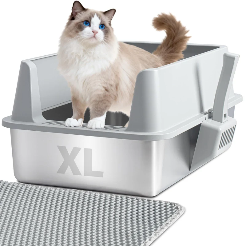 Holintan Bac de Litière en Acier Inox XL avec Couvercle – Anti-Odeur, Anti-Fuite, Ensemble Complet