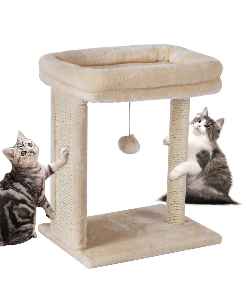 SYANDLVY Petit arbre à chat d’intérieur – Perchoir, griffoir et boules pendantes (beige)