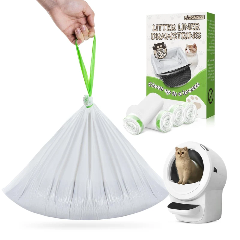 Dranbol - 120 Sacs Litière pour Bac Robot Compatible 4/3, Sacs à Cordon Robustes 26,4 x 15,7 po (67 x 40 cm)