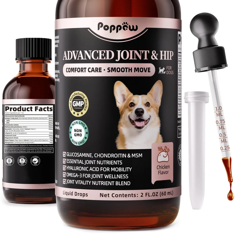 POPPAW Supplément articulaire pour chiens – gouttes 10 en 1 (Acide Hyaluronique, Glucosamine, Chondroïtine, MSM & Oméga-3) – toutes tailles