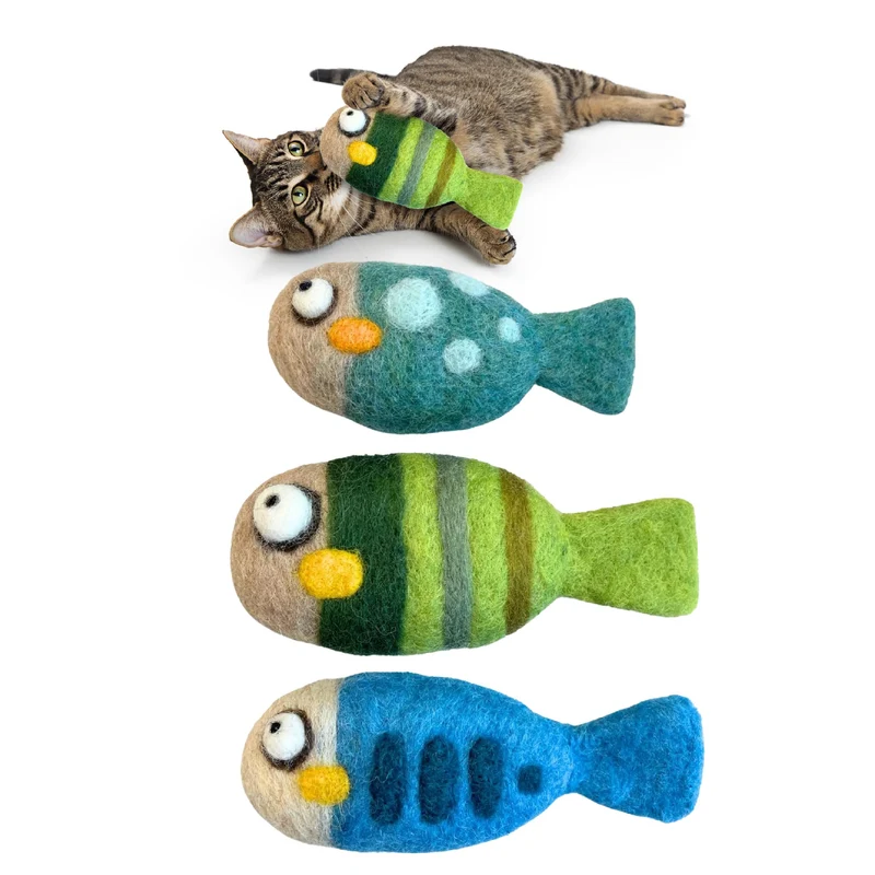 Woolbuddy – Jouets pour chat en laine feutrée (3 poissons) sans catnip, durables