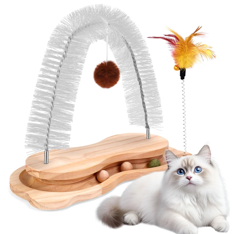 SSAWcasa – Arceau de toilettage 4-en-1 pour chats d’intérieur | Brosse auto-toilettage, Jouet piste et Balle à herbe