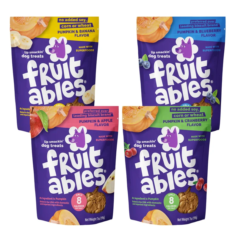 Fruitables Friandises pour Chien — Assortiment Citrouille (4 paquets, 7 oz chacun) – Faible calories, Sans blé/maïs/soja