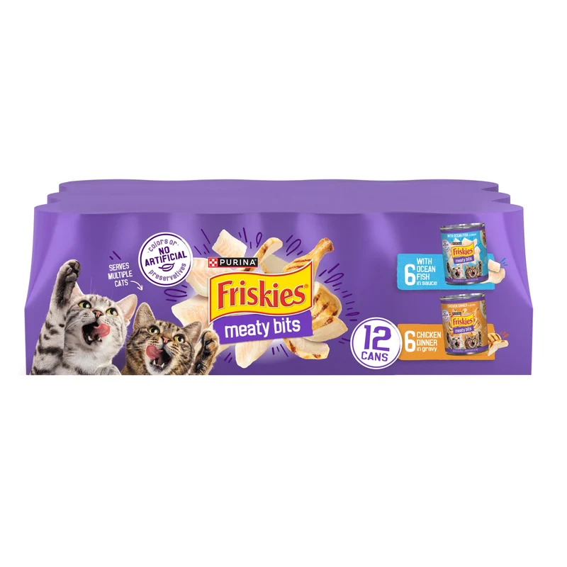 Purina Friskies Morceaux de Viande au Poisson et au Poulet dans Sauce Nappante – Lot Multi-Chat, 13,5 onces, Lot de 12