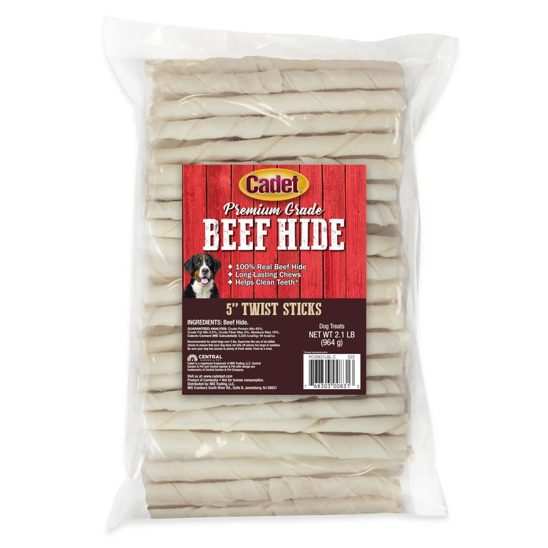 Cadet – Friandises en peau de bœuf premium pour chiens, bâtonnets torsadés 5 po, 34 pièces